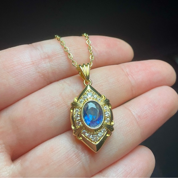 Jewelry - Art Deco Necklace Sapphire Blue Crystal Pendant Gold Amulet CZ Crystal Evil Eye